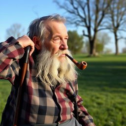 An old man with a weathered face, leaning back slightly while resting one hand on the top of his walking stick, which is positioned behind his head