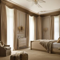 A visually stunning Neoclassical bedroom featuring elegant furniture, intricate trim details, soothing color palette, tall windows with luxurious drapes and timeless artwork.