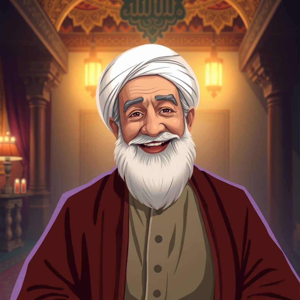 A stylized portrait of a wise, elderly Iranian man resembling a historical figure, wearing traditional Persian clothing