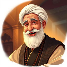 A stylized portrait of a wise, elderly Iranian man resembling a historical figure, wearing traditional Persian clothing