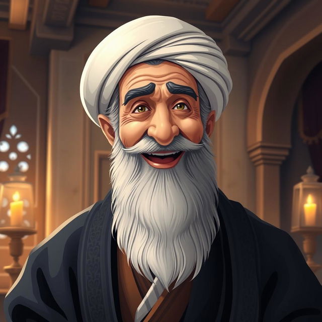 A stylized portrait of a wise, elderly Iranian man resembling a historical figure, wearing traditional Persian clothing