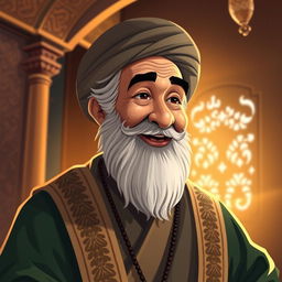 A stylized portrait of a wise, elderly Iranian man resembling a historical figure, wearing traditional Persian clothing