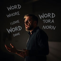 A dark and intense scene featuring a man standing in a dimly lit room, passionately delivering a heartfelt speech that metaphorically feels like words are piercing through the air