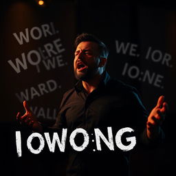 A dark and intense scene featuring a man standing in a dimly lit room, passionately delivering a heartfelt speech that metaphorically feels like words are piercing through the air