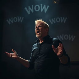 A dark and intense scene featuring a man standing in a dimly lit room, passionately delivering a heartfelt speech that metaphorically feels like words are piercing through the air