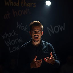 A dark and intense scene featuring a man standing in a dimly lit room, passionately delivering a heartfelt speech that metaphorically feels like words are piercing through the air
