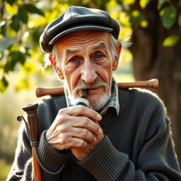 An elderly man with a weathered face and wise expression, leaning on a sturdy walking stick held against his shoulder, exuding a sense of character and life experience