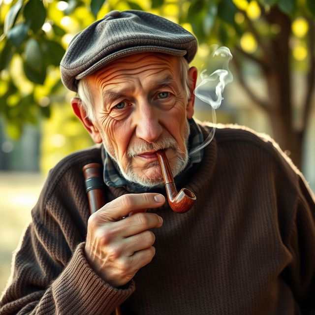 An elderly man with a weathered face and wise expression, leaning on a sturdy walking stick held against his shoulder, exuding a sense of character and life experience