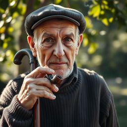 An elderly man with a weathered face and wise expression, leaning on a sturdy walking stick held against his shoulder, exuding a sense of character and life experience
