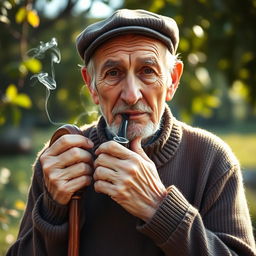 An elderly man with a weathered face and wise expression, leaning on a sturdy walking stick held against his shoulder, exuding a sense of character and life experience