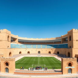 A football stadium with adobe architecture reminiscent of Yazd, surrounded by four fortress-like walls resembling castle tunnels