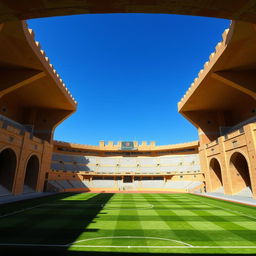A football stadium with adobe architecture reminiscent of Yazd, surrounded by four fortress-like walls resembling castle tunnels