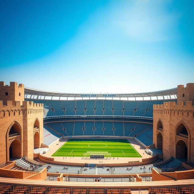 A football stadium with adobe architecture reminiscent of Yazd, surrounded by four fortress-like walls resembling castle tunnels