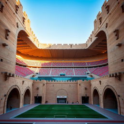 A football stadium with adobe architecture reminiscent of Yazd, surrounded by four fortress-like walls resembling castle tunnels