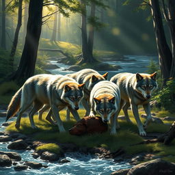 A dramatic scene depicting a pack of wolves in their natural habitat, showcasing their daily life