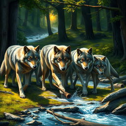 A dramatic scene depicting a pack of wolves in their natural habitat, showcasing their daily life