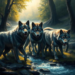 A dramatic scene depicting a pack of wolves in their natural habitat, showcasing their daily life