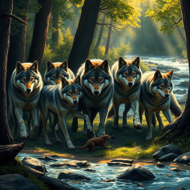 A dramatic scene depicting a pack of wolves in their natural habitat, showcasing their daily life