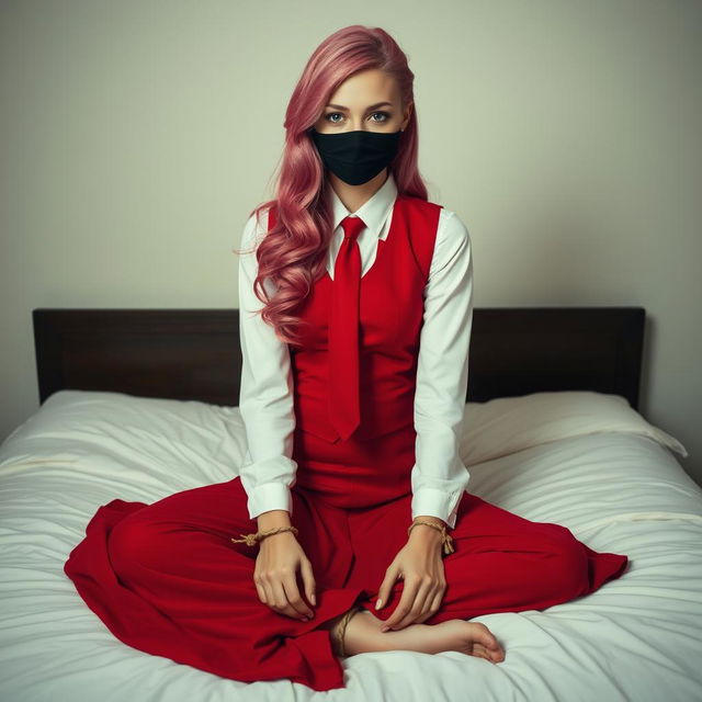 A young woman with long, elegantly styled pink hair, wearing a neat long-sleeved white shirt, a flowing long red skirt, a matching red tie, and a fitted red vest