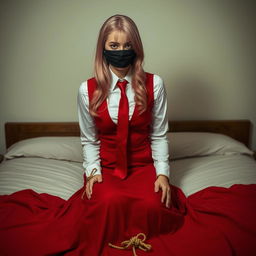 A young woman with long, elegantly styled pink hair, wearing a neat long-sleeved white shirt, a flowing long red skirt, a matching red tie, and a fitted red vest