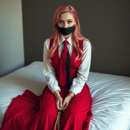 A young woman with long, elegantly styled pink hair, wearing a neat long-sleeved white shirt, a flowing long red skirt, a matching red tie, and a fitted red vest