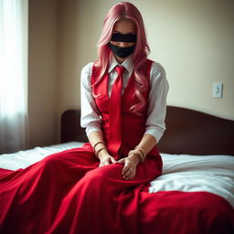 A young woman with long, elegantly styled pink hair, wearing a neat long-sleeved white shirt, a flowing long red skirt, a matching red tie, and a fitted red vest