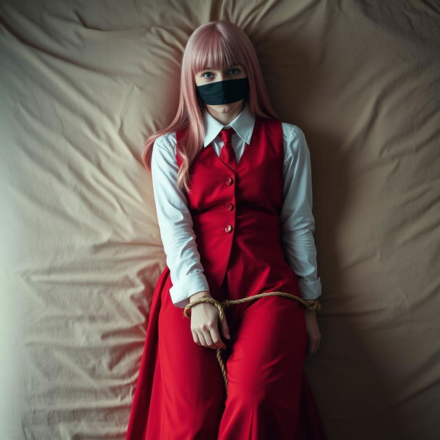 A girl with long pink hair, wearing a neat long-sleeved white shirt, a long red skirt, a red tie, and a red vest