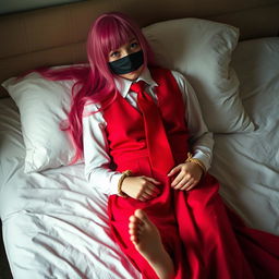 A girl with long pink hair, wearing a neat long-sleeved white shirt, a long red skirt, a red tie, and a red vest