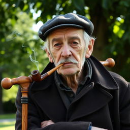 An elderly man with a weathered face and a wise expression, leaning casually with his hands on a wooden stick resting on his shoulders