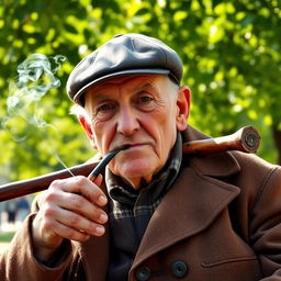 An elderly man with a weathered face and a wise expression, leaning casually with his hands on a wooden stick resting on his shoulders
