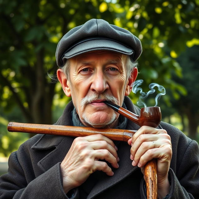 An elderly man with a weathered face and a wise expression, leaning casually with his hands on a wooden stick resting on his shoulders