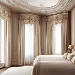 A visually stunning Neoclassical bedroom featuring elegant furniture, intricate trim details, soothing color palette, tall windows with luxurious drapes and timeless artwork.