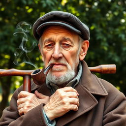 An elderly man with a weathered face and a wise expression, leaning casually with his hands on a wooden stick resting on his shoulders