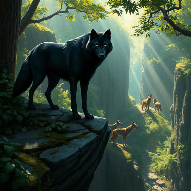 A mystical forest scene depicting a wolf named Shadow, a sleek black wolf with piercing amber eyes