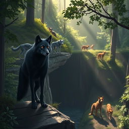 A mystical forest scene depicting a wolf named Shadow, a sleek black wolf with piercing amber eyes
