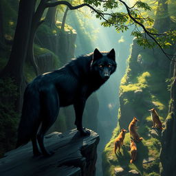 A mystical forest scene depicting a wolf named Shadow, a sleek black wolf with piercing amber eyes
