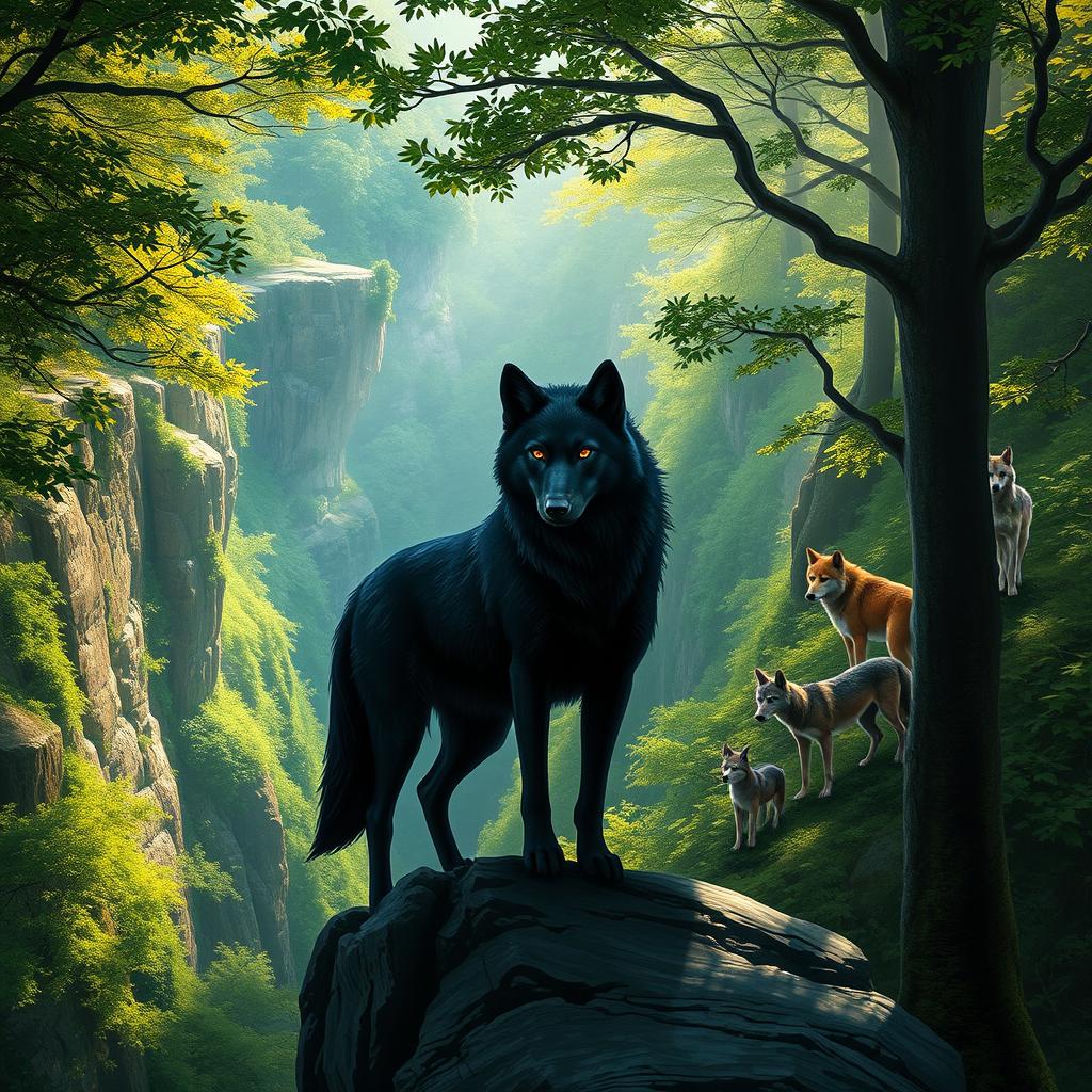 A mystical forest scene depicting a wolf named Shadow, a sleek black wolf with piercing amber eyes