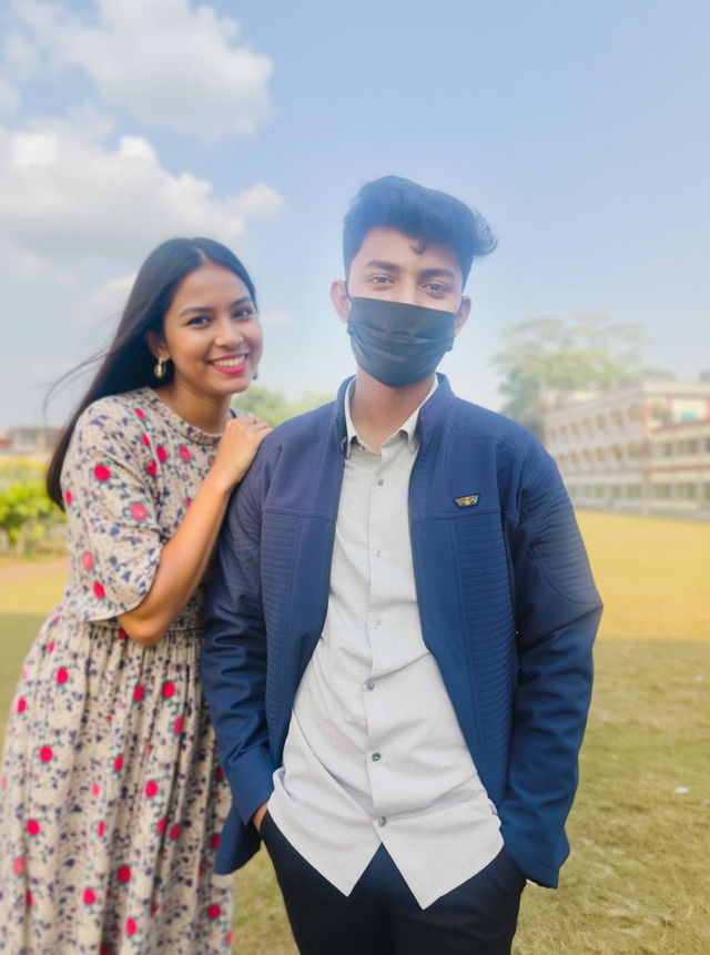 A beautiful Bangladeshi girl in a traditional outfit, embracing a young man with a mask in a serene outdoor setting