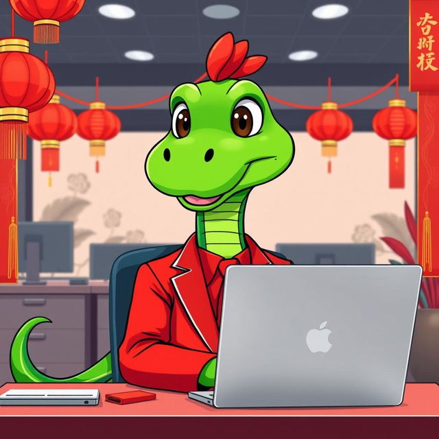 A vibrant green cartoon snake character dressed in a stylish red suit, sitting in an office environment in front of a modern laptop