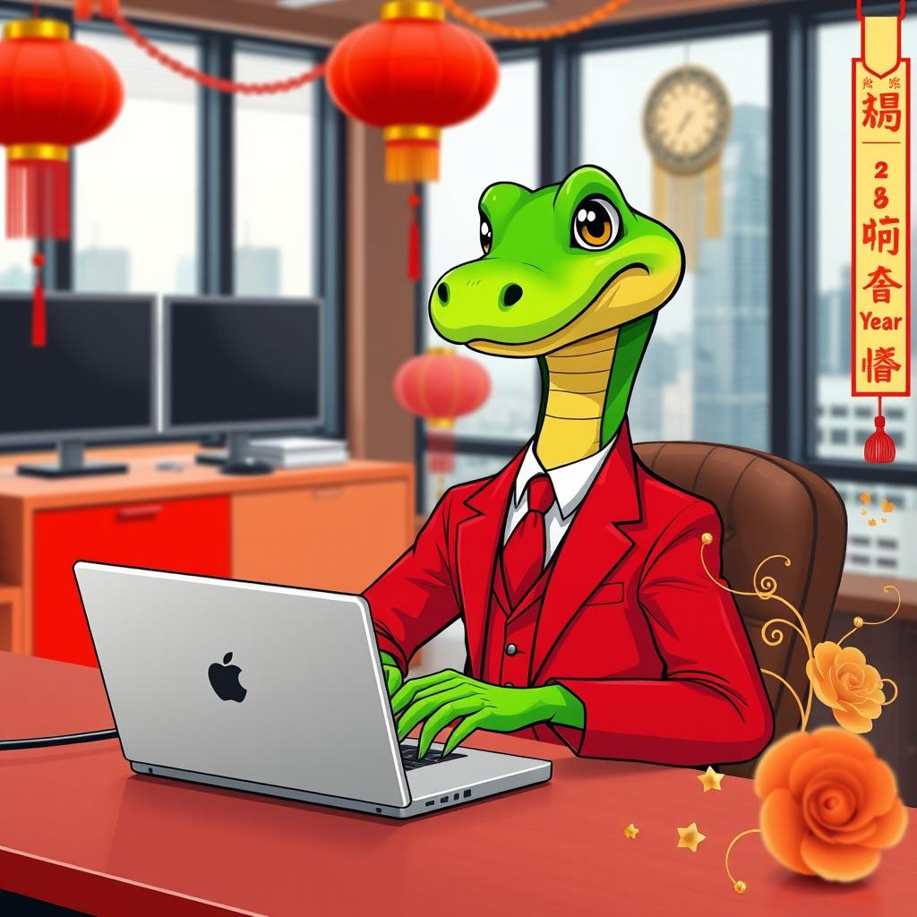 A vibrant green cartoon snake character dressed in a stylish red suit, sitting in an office environment in front of a modern laptop