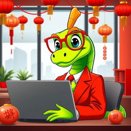 A vibrant green cartoon snake character dressed in a stylish red suit, sitting in an office environment in front of a modern laptop