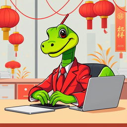 A vibrant green cartoon snake character dressed in a stylish red suit, sitting in an office environment in front of a modern laptop