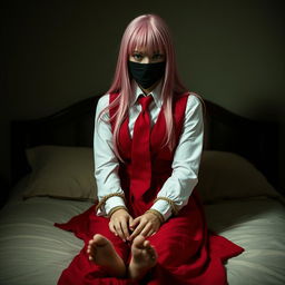 A girl with long pink hair, dressed in a neat long-sleeved white shirt, a long red skirt, a red tie, and a red vest