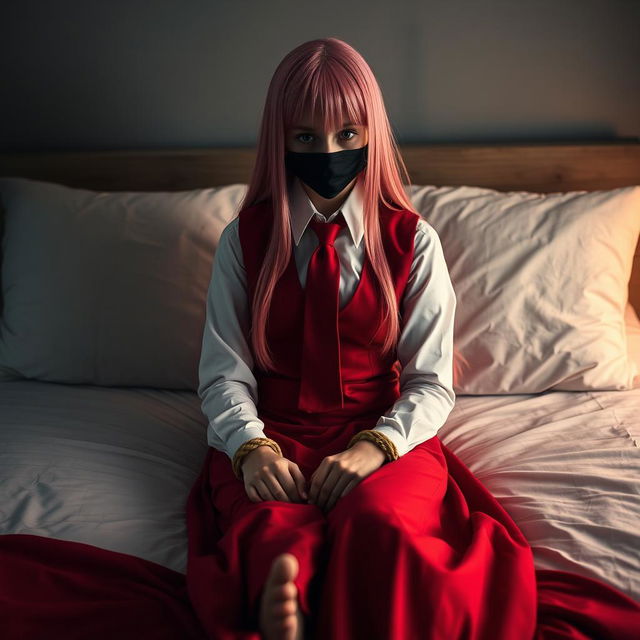 A girl with long pink hair, dressed in a neat long-sleeved white shirt, a long red skirt, a red tie, and a red vest