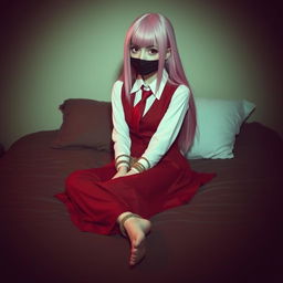 A girl with long pink hair, dressed in a neat long-sleeved white shirt, a long red skirt, a red tie, and a red vest