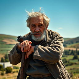 An elderly man with a weathered face, leaning on a sturdy stick, with his hands resting on the stick's shoulders, exuding a relaxed and thoughtful demeanor