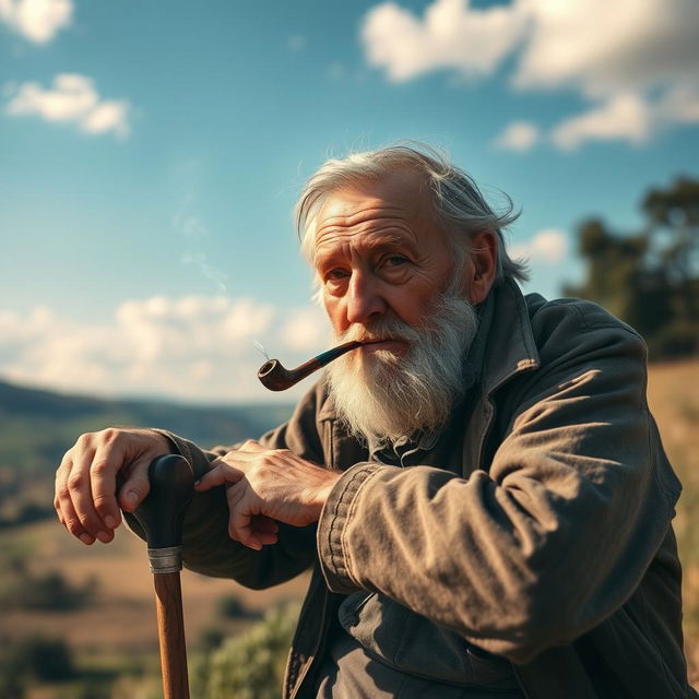 An elderly man with a weathered face, leaning on a sturdy stick, with his hands resting on the stick's shoulders, exuding a relaxed and thoughtful demeanor