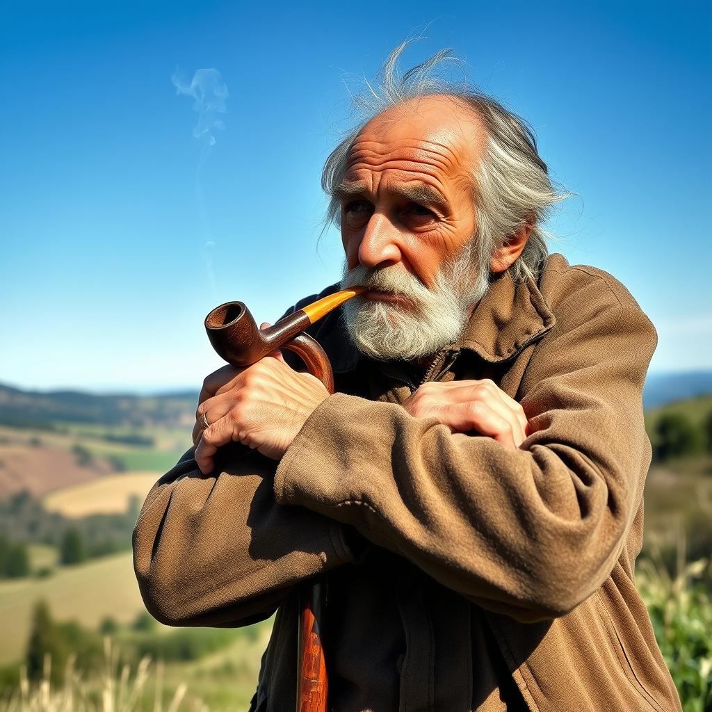 An elderly man with a weathered face, leaning on a sturdy stick, with his hands resting on the stick's shoulders, exuding a relaxed and thoughtful demeanor