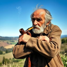 An elderly man with a weathered face, leaning on a sturdy stick, with his hands resting on the stick's shoulders, exuding a relaxed and thoughtful demeanor