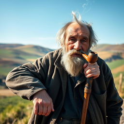 An elderly man with a weathered face, leaning on a sturdy stick, with his hands resting on the stick's shoulders, exuding a relaxed and thoughtful demeanor